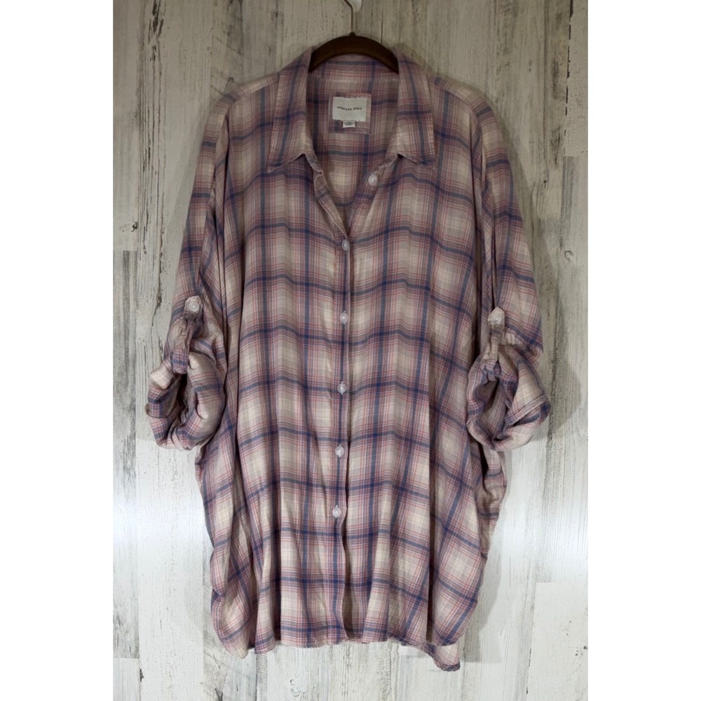 American‎ Eagle Button Up Shirt Large Pink Blue Plaid Flannel Roll Tab Oversized